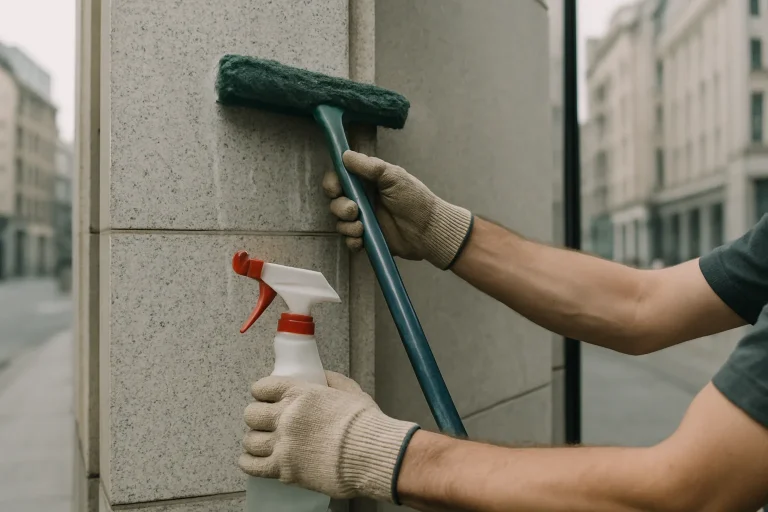 Des mains nettoient une façade de bâtiment infestée de fientes de pigeons.
