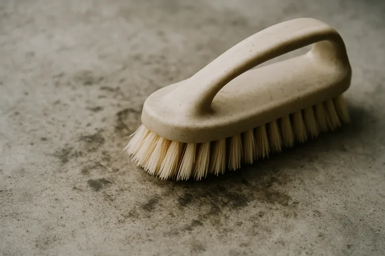 Brosse à récurer sur du béton souillé par des fientes de pigeon, éclairage doux.