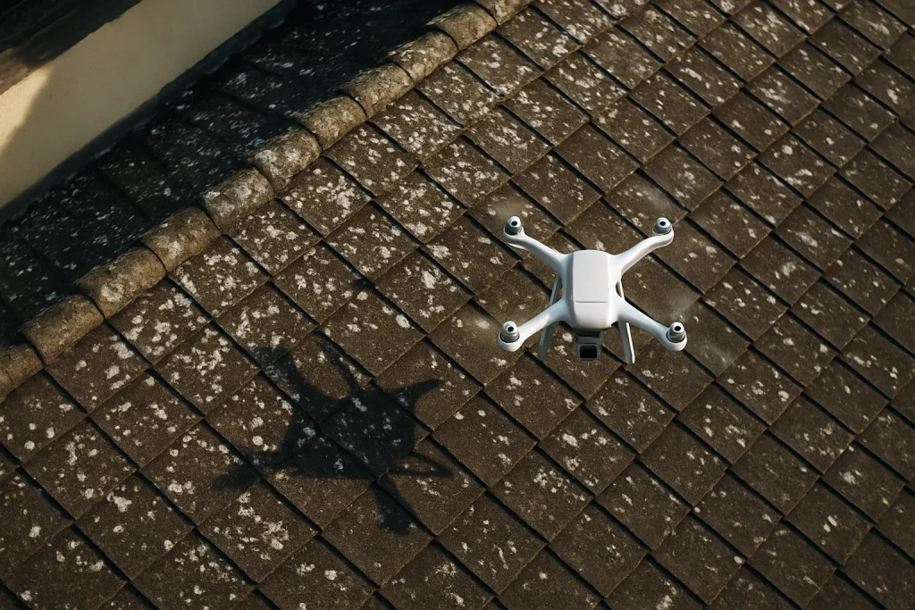 Drone en vol au-dessus d'un toit avec des fientes de pigeon, lumière du jour