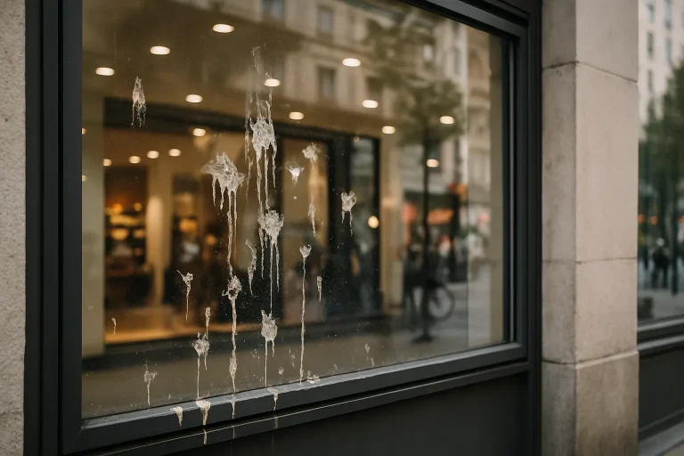 Vitrine commerciale urbaine avec des fientes de pigeon, impact visuel notable.