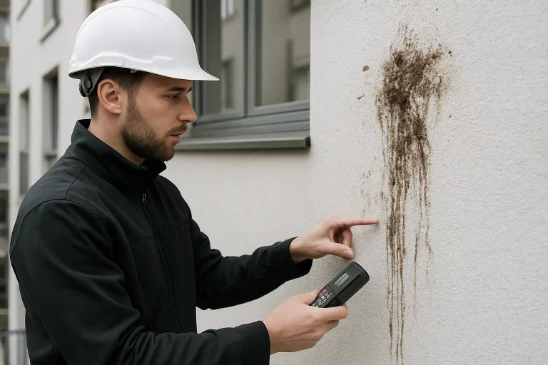 Technicien évaluant les dégâts des fientes de pigeon sur une façade avec un outil.