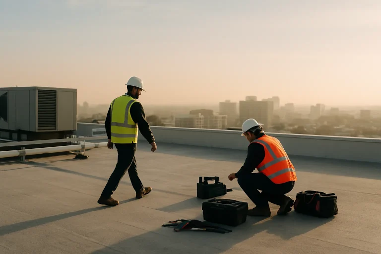 Des professionnels effectuent le nettoyage d'un toit d'immeuble, utilisant divers outils sous une lumière matinale.
