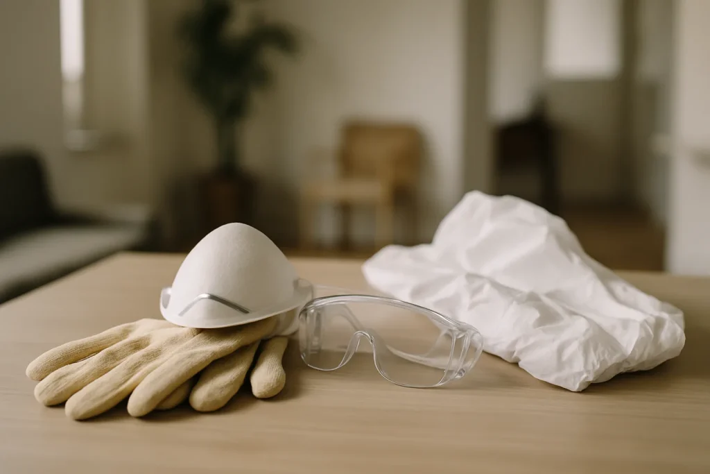 Équipements de protection individuelle pour le nettoyage des fientes de pigeon sur une table