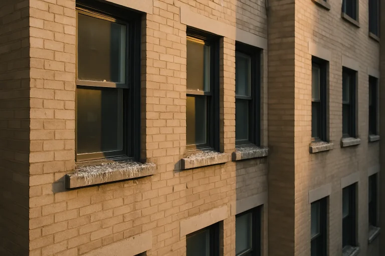 Immeuble urbain avec des fientes de pigeon sur les rebords de fenêtre, nécessitant un nettoyage.