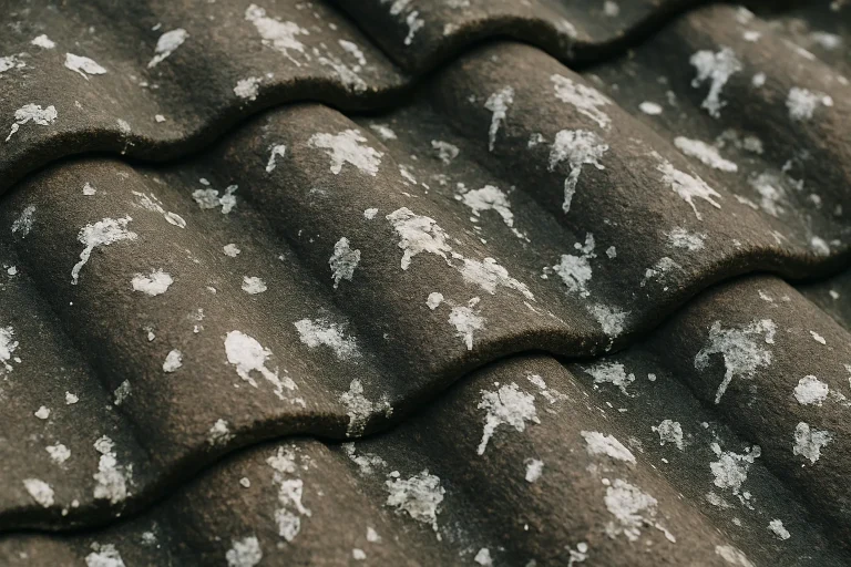 Gros plan de tuiles de toit avec des fientes de pigeon, en lumière naturelle.