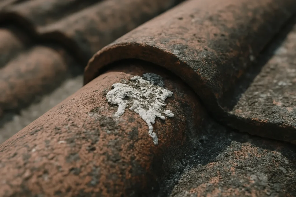 Gros plan d'une tuile avec des fientes de pigeon séchées et traces de corrosion.