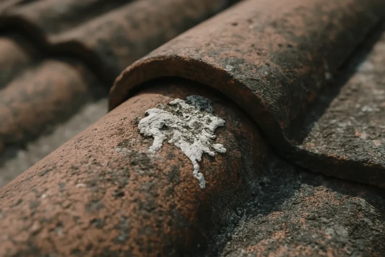 Gros plan d'une tuile avec des fientes de pigeon séchées et traces de corrosion.