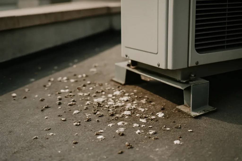 Fientes de pigeon sur un toit à côté d'une installation de chauffage, en gros plan.