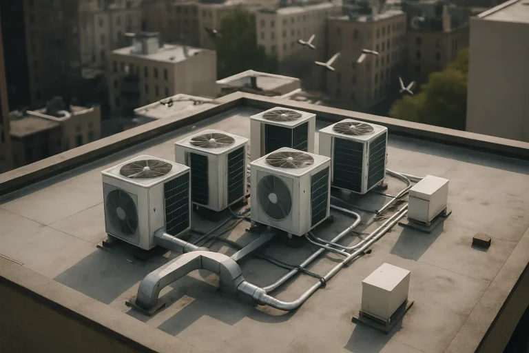 Toit avec unités de climatisation exposées aux fientes de pigeon, en milieu urbain.