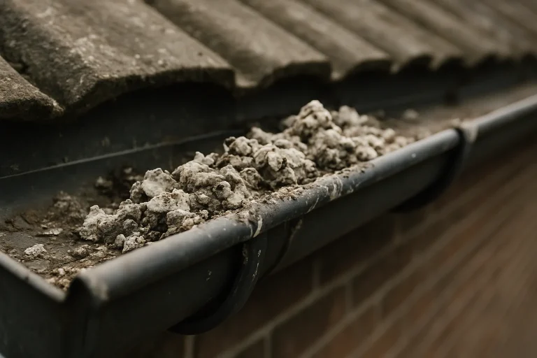 Gouttière de toit obstruée par des fientes de pigeon, montrant l'impact sur l'écoulement des eaux pluviales
