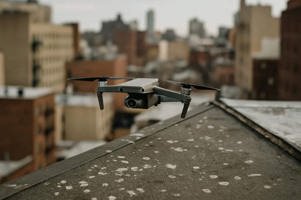 Un drone effectue une inspection aérienne d'un toit urbain contaminé par des fientes de pigeon.
