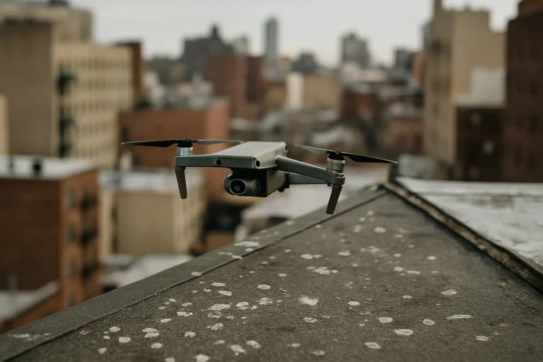 Un drone effectue une inspection aérienne d'un toit urbain contaminé par des fientes de pigeon.