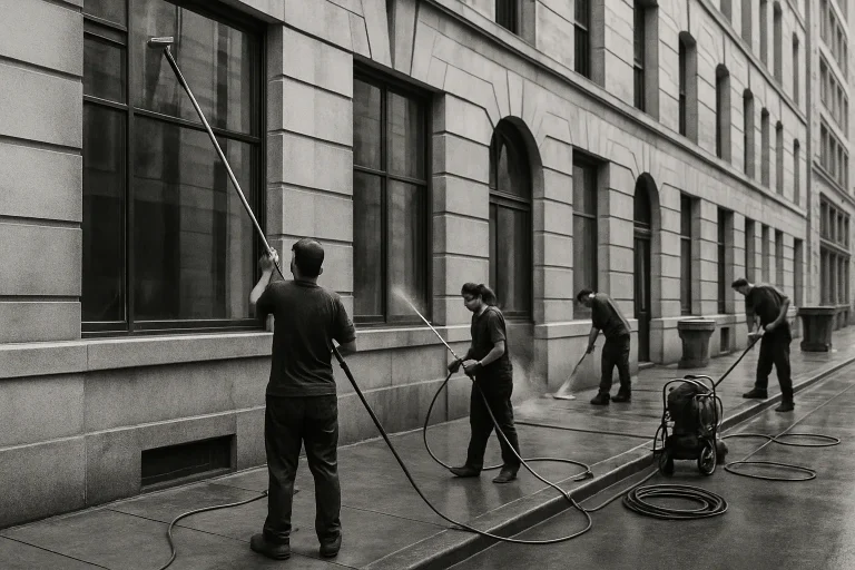 Équipe nettoyant un bâtiment pour mesurer l'impact environnemental, vue en noir et blanc.