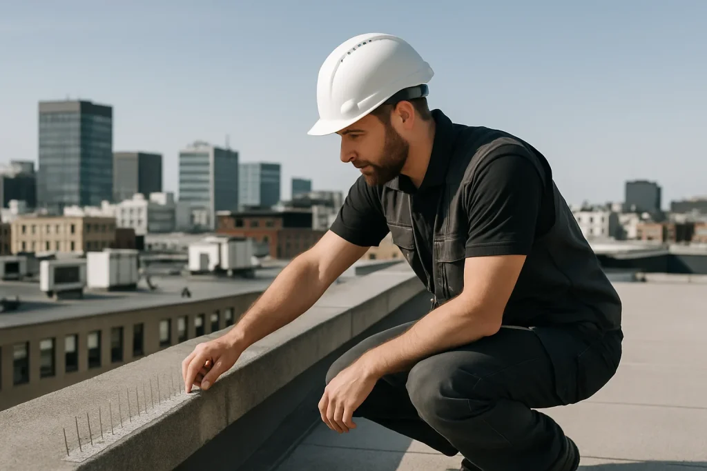 Technicien vérifiant un toit urbain pour installation anti-pigeons, ciel dégagé.