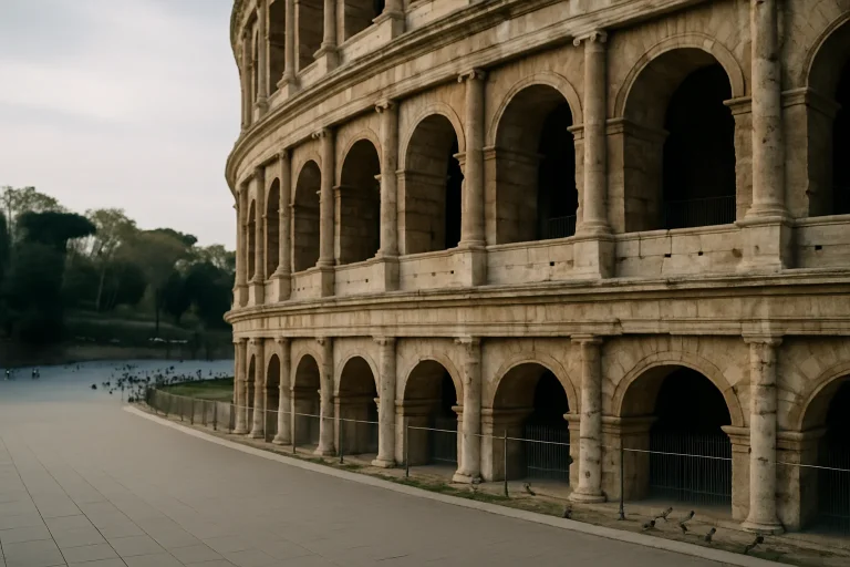Scène extérieure avec trottoir propre et pigeons flous devant un site touristique.