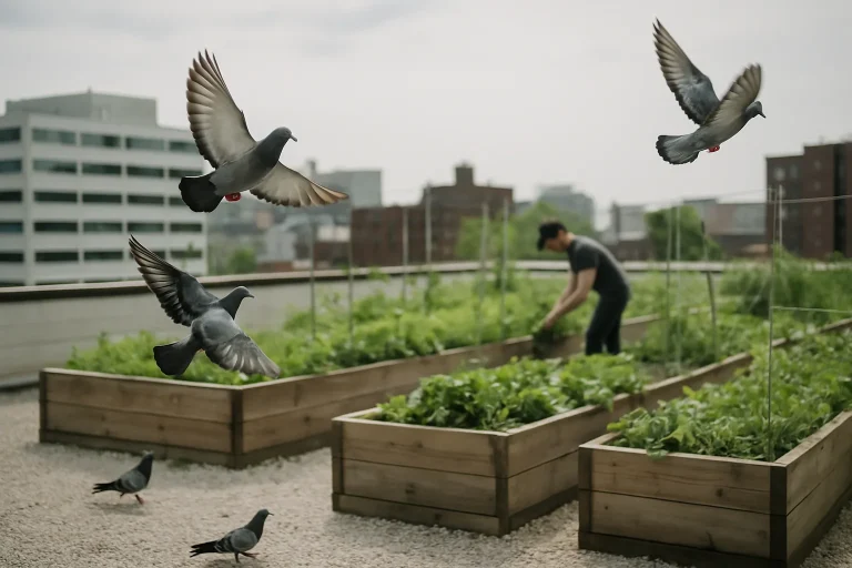 Ferme urbaine sur toit, silhouette floue, pigeons en vol à la lumière du jour.