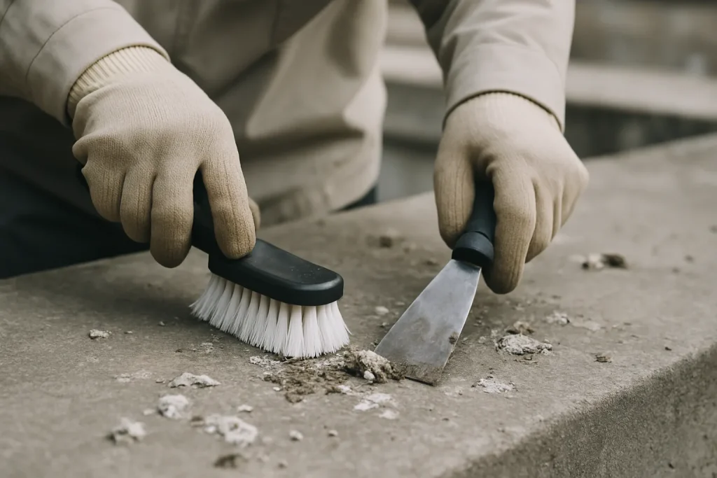 Nettoyage des fientes de pigeon sur béton, mains avec outils spécialisés