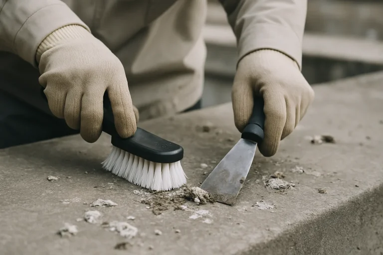 Nettoyage des fientes de pigeon sur béton, mains avec outils spécialisés