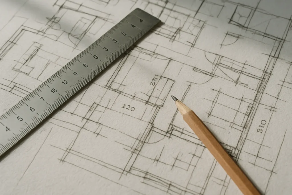 Plans architecturaux avec une règle et un crayon, lumière naturelle, angle incliné