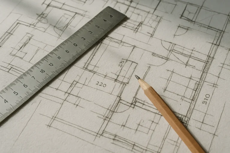 Plans architecturaux avec une règle et un crayon, lumière naturelle, angle incliné