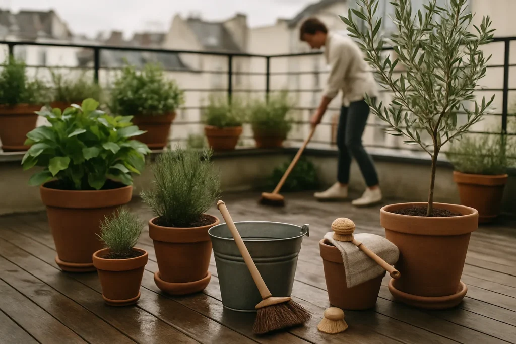 Personne utilisant des outils naturels pour nettoyer des fientes de pigeon sur une terrasse avec des plantes en pot.