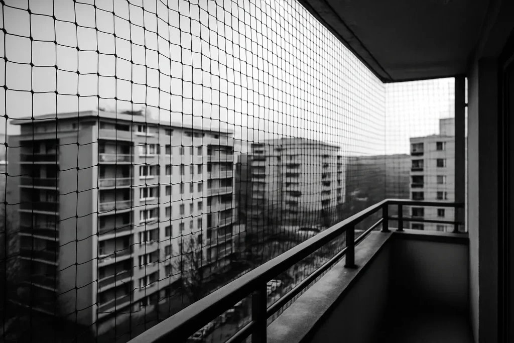 Un balcon urbain protégé par un filet anti-oiseaux, en noir et blanc.