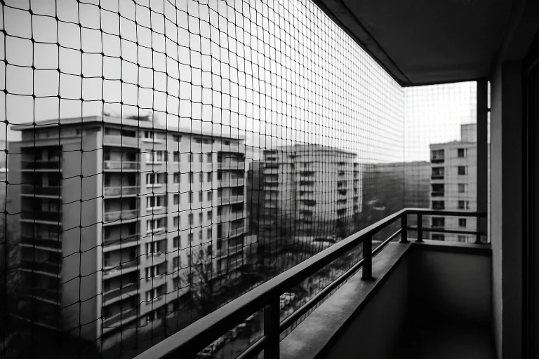 Un balcon urbain protégé par un filet anti-oiseaux, en noir et blanc.