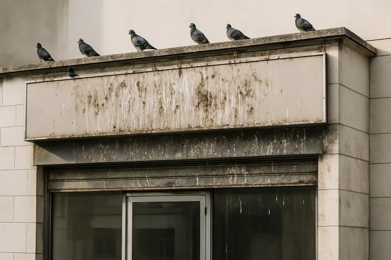 Façade d'un site commercial endommagée par des fientes de pigeon avec des pigeons sur le toit