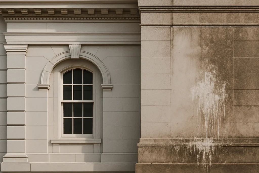 Façade d'un bâtiment historique restauré avec des traces de fientes de pigeon visibles.