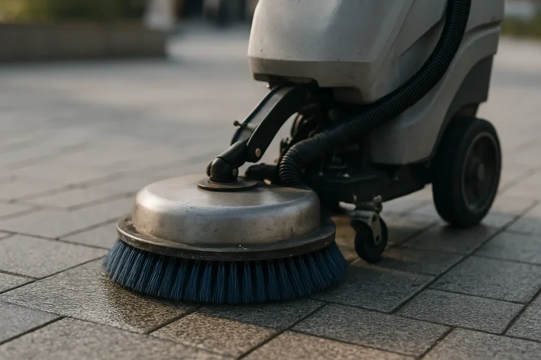 Gros plan d'un dispositif automatisé nettoyant une surface urbaine des fientes de pigeon.