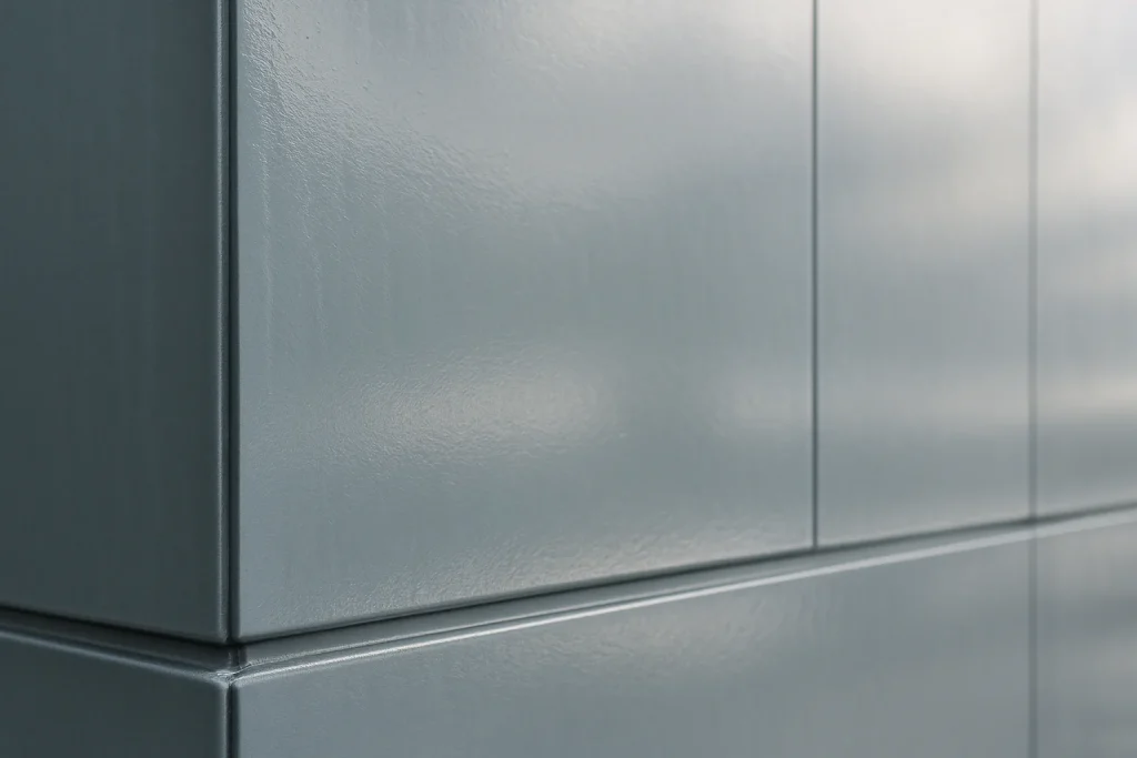 Surface de bâtiment avec traitement anti-fientes, texture réfléchissante.